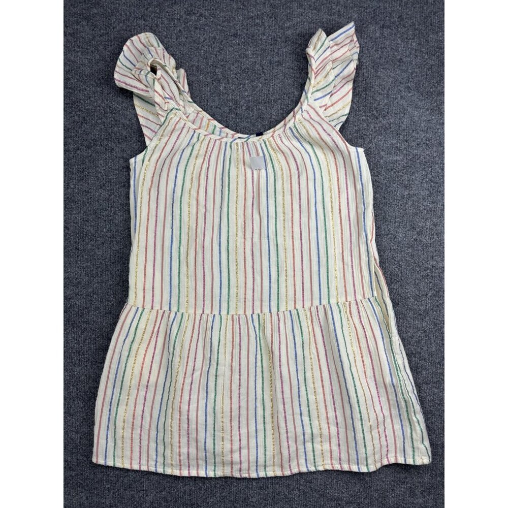 GAP‎ Shirt Womens XS White Multicolor Metallic Stripe Ruffle Sleeve Peplum Top